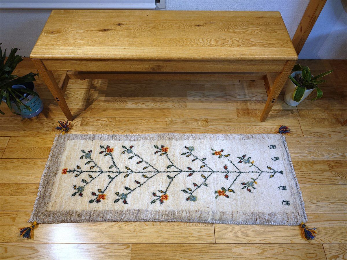 ペルシャ ギャッベ ミニランナー 細長いラグ 120x45cm アイボリー グレー 生命の木 RJ15930