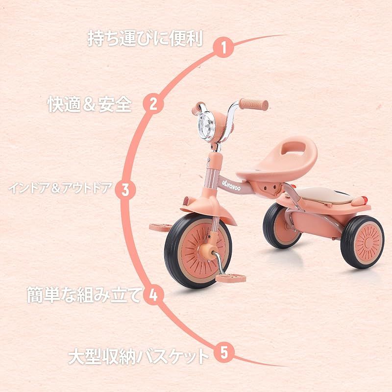 半額以下 彡UBRAVOO 三輪車 子供用三輪車 1-5歳 ペダル付き 調整 運び便利 コンパクト 超軽量 組み立て簡単 空気入れ不要 バイク 乗り物 おもちゃ 乗用玩具 アウトドア＆室内兼用 プレゼント 桃色 0