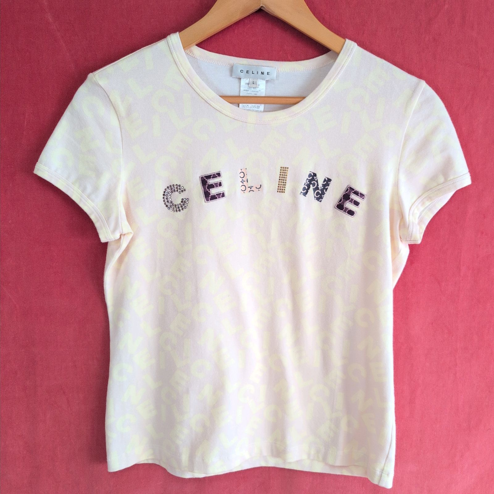 CELINE セリーヌ トップス カットソー Tシャツ フレンチスリーブ ロゴ モノグラム ストーンデザイン レディース サイズL