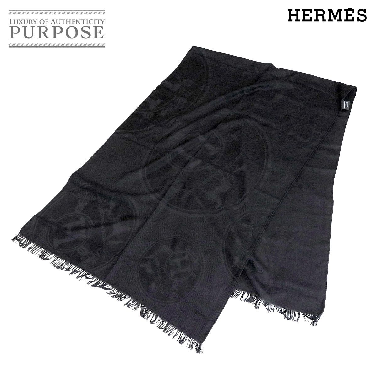 エルメス HERMES ニューリブリス 大判 ストール カシミヤ 綿 ブラック エクスリブリス 蔵書印 New Libris Scarf 90293353