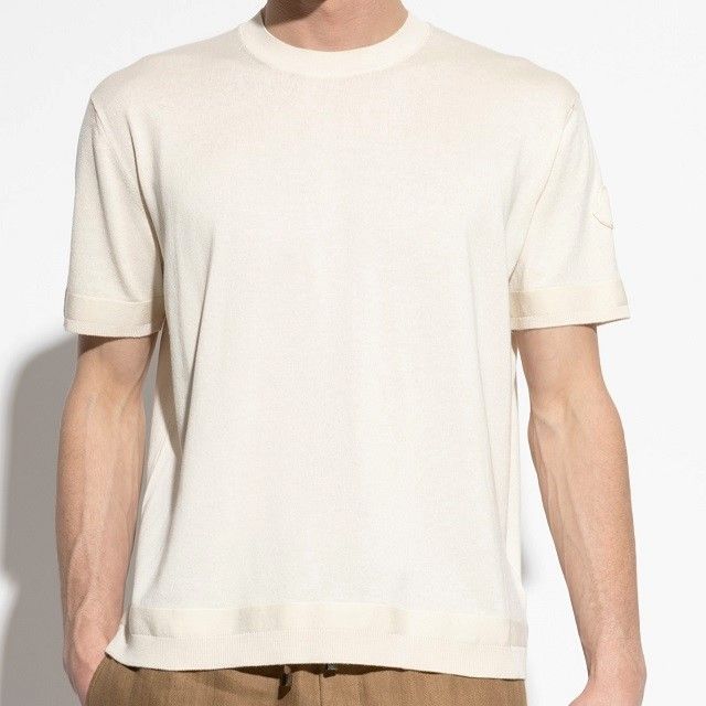 MONCLER モンクレール 25 SS SLEEVE ICON CREW NECK KNIT スリーブアイコン ハイゲージ シルクコットンショートスリーブ ニット TRICOT M 6329 L CREAM セーター