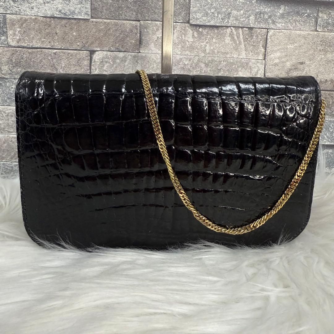 GENUINE CROCODILE SKIN 2wayクロコレザーショルダーバック パーティバッグ ポーチ 金金具革鞄 ブラック SINGAPORE シンガポール