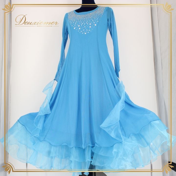 社交ダンス 衣装 ドレス ワンピース パーティ衣装 女性用 レディース オールシーズン 水色 ブルー系 ICHIOKU イチオク フロート 長袖 軽やか レトロ モダン ダンスパーティー おしゃれ エレガント サテン 結婚式 フィット感