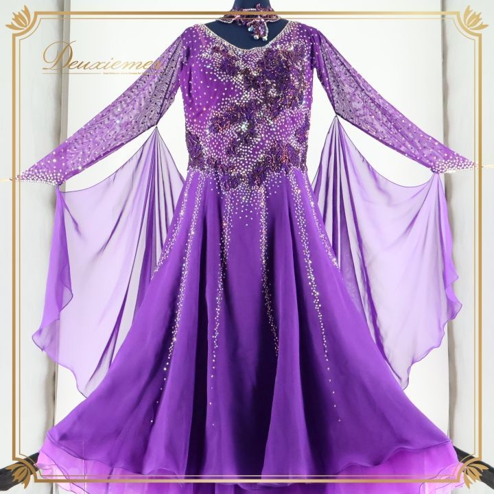 社交ダンス 衣装 白樺ドレス ドレス ワンピース ドレス 紫 フロート レース 感 上品 デモ 競技 パープル系 ラインストーン ゴージャス 濃い紫 パーティー ドレス 衣装 おしゃれ 発表会 ダンス衣装 競技用ダンス