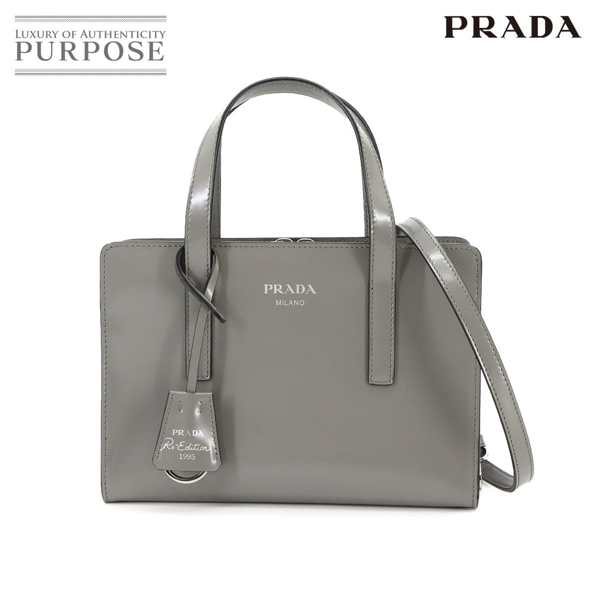 プラダ PRADA Re-Edition 1995 2way ハンド ショルダー バッグ レザー グレー 1BA357 シルバー 金具 90299464