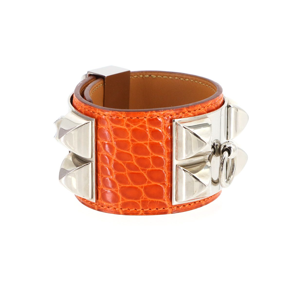 エルメス HERMES クロコダイル アリゲーター コリエドシアン バングル オレンジ T刻印 シルバー 金具 90299690 FORTGASGNV_COM_BR