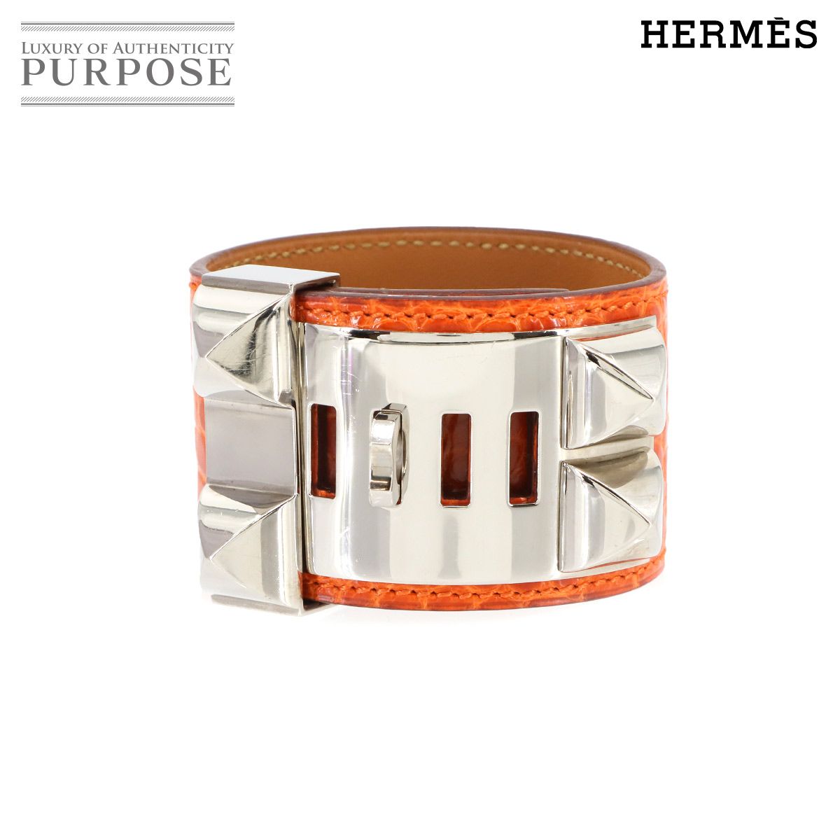 エルメス HERMES クロコダイル アリゲーター コリエドシアン バングル オレンジ T刻印 シルバー 金具 90299690