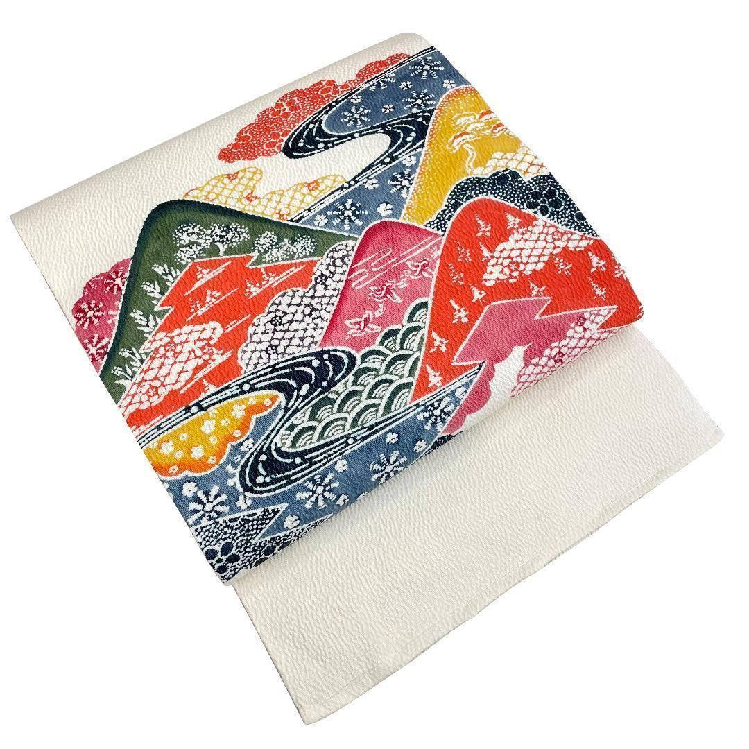 染名古屋帯 型染め 正絹 ちりめん地 風景柄 白 着物 kimonolove 新古品 オゾン消臭サービス AO-0336