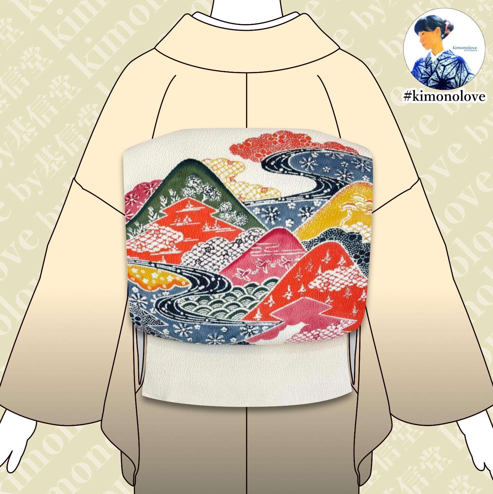 染名古屋帯 型染め 正絹 ちりめん地 風景柄 白 着物 kimonolove 新古品 オゾン消臭サービス AO-0336