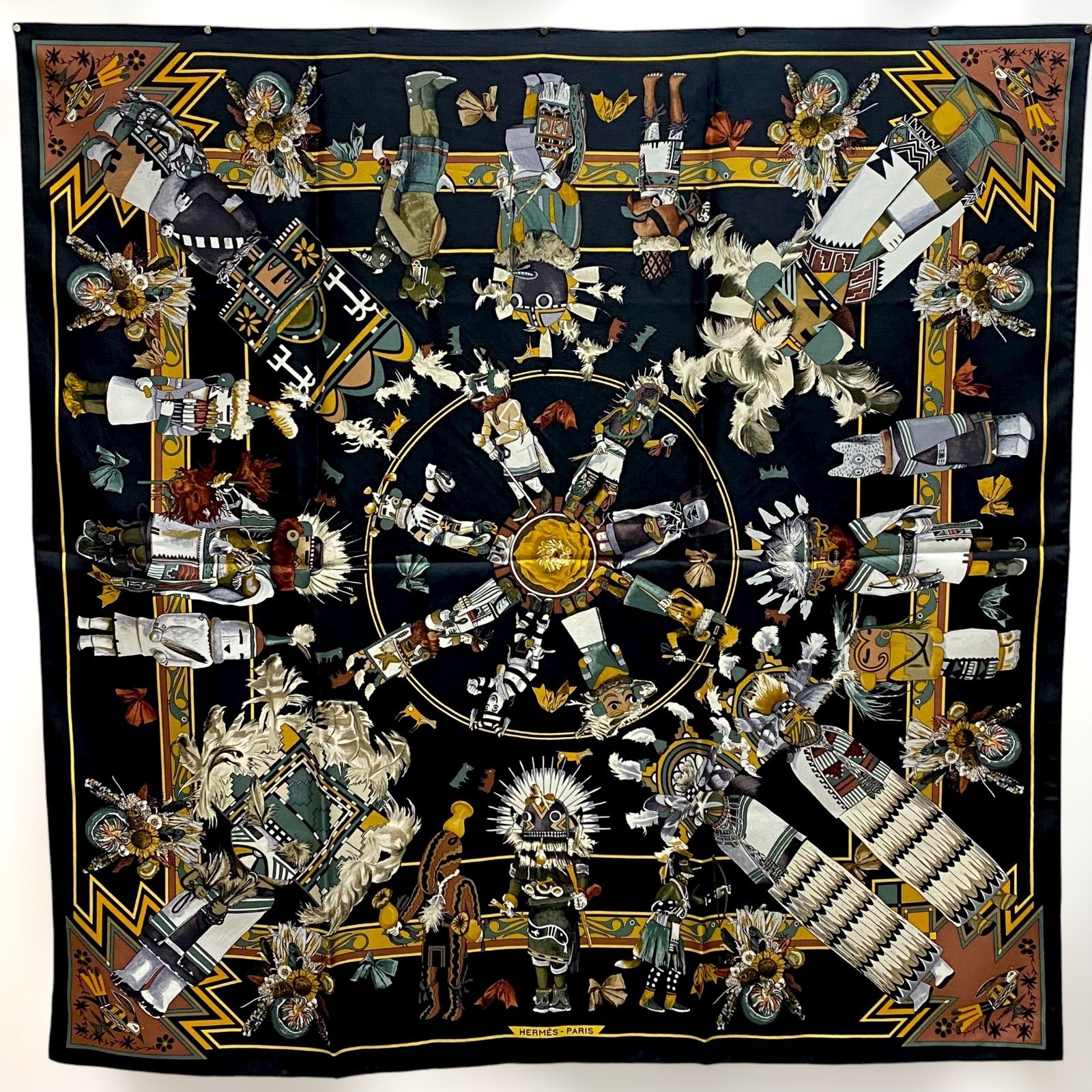 美品 エルメス カレ90 Kachinas シルクスカーフ カチナ インディアンの 