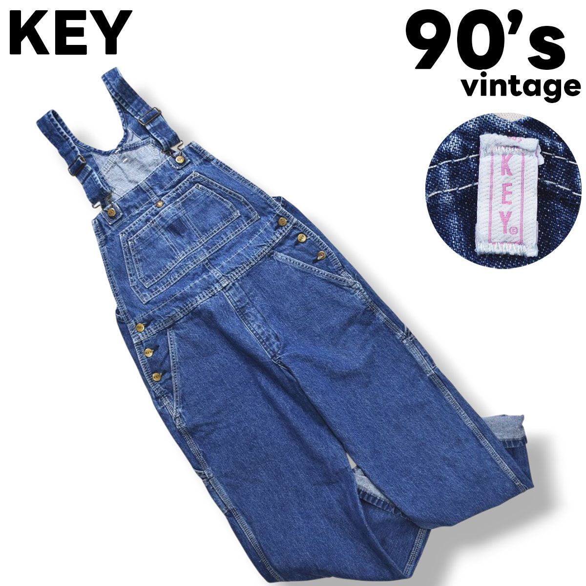 90s ヴィンテージ キー KEY デニム オーバーオール サロペット 刻印 ロゴ ボタン 10 REG インディゴ アメリカン カジュアル ストリート ワーク ウェア メンズ