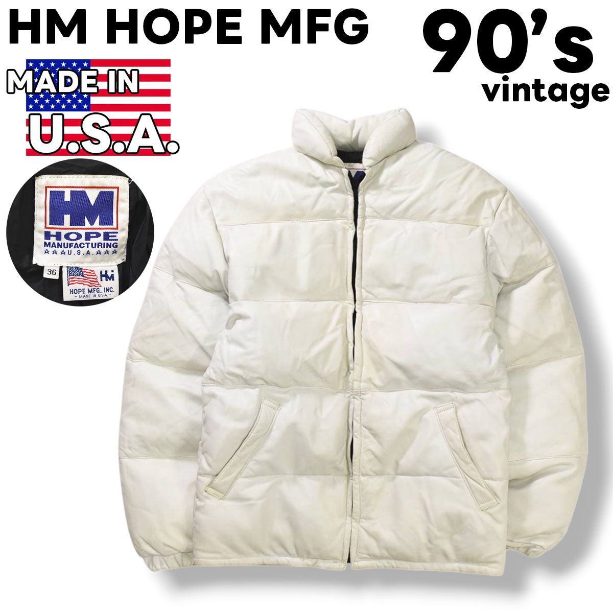 90's✨レザーダウンジャケット　キルティング　コート　本革　ホワイト系　M 本革】 90s ヴィンテージ USA製 HM HOPE MFG 牛革 カウハイド レザー
