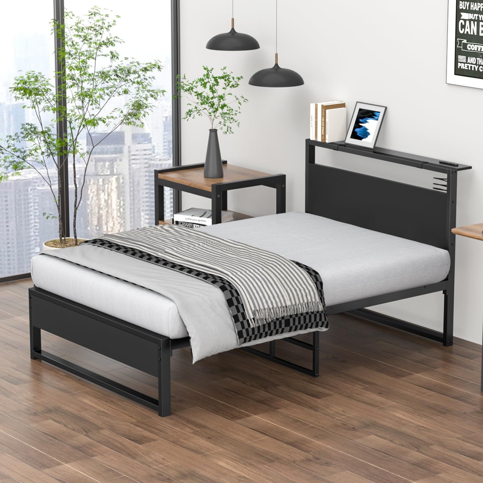 2025改良型-軋み音ない Rebebe ベッドフレーム シングルベッド パイプベッド 耐荷重200kg 頑丈なスチルパイプ グラグラしない 30cmベッド下空間 お手入れ簡単 2口コンセント付き 快速充電 小物収納 組み立て簡単 図解付き説明書