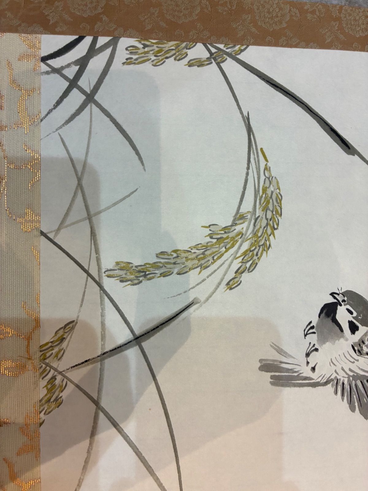 掛軸　越仙(庭野日敬)　落款印あり　雀　稲穂　茶道具　世界平和 掛軸越仙(庭野日敬)落款印あり雀稲穂茶道具世界平和