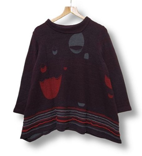 慈雨 ジウ JIU センソユニコ ウール混 厚手生地 チュニック カットソー 和柄 えんじ色 Lサイズ40 秋冬春用 管理番号L29454AWS26-251103-503 990