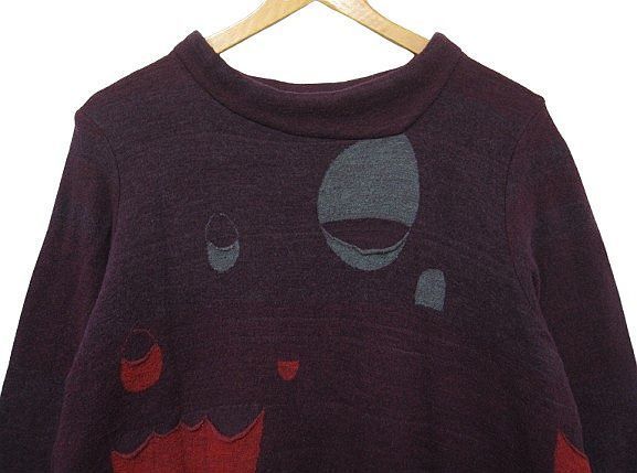 慈雨 ジウ JIU センソユニコ ウール混 厚手生地 チュニック カットソー 和柄 えんじ色 Lサイズ40 秋冬春用 管理番号 -251103-503 990