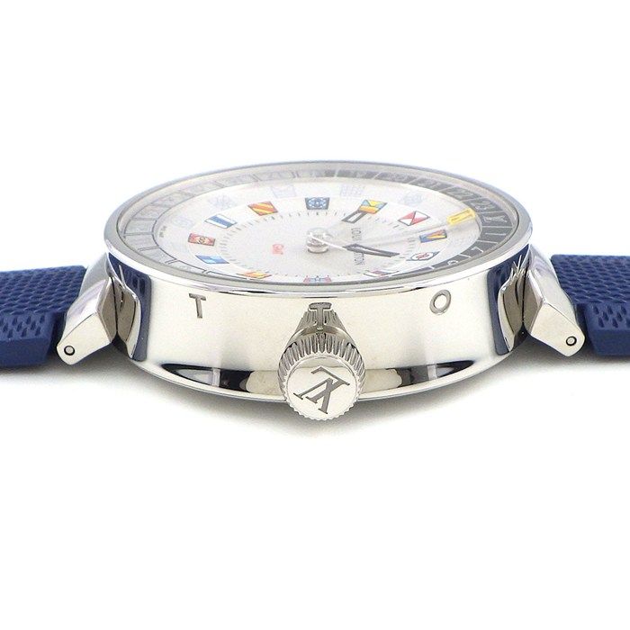 ルイ ヴィトン LOUIS VUITTON 腕時計 タンブール QA 096 シルバー文字盤 GMT ブルー ラバーベルト SS クオーツアナログ 箱 保付き