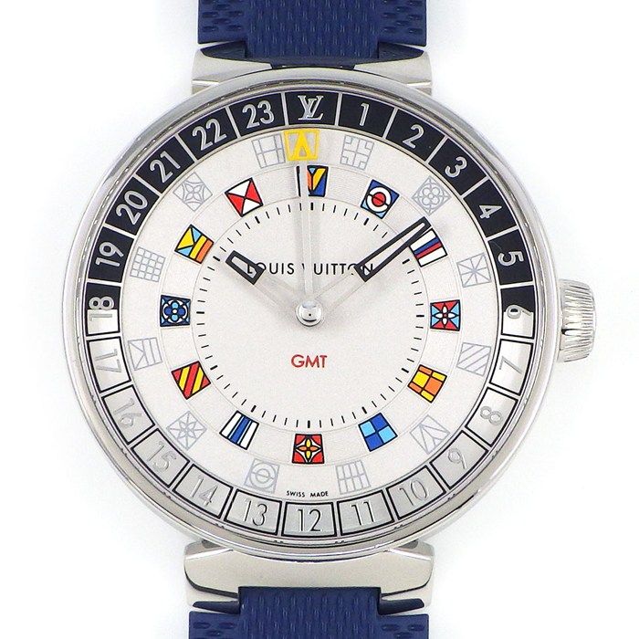 ルイ ヴィトン LOUIS VUITTON 腕時計 タンブール QA096 シルバー文字盤 GMT ブルー ラバーベルト SS クオーツアナログ 箱 保付き
