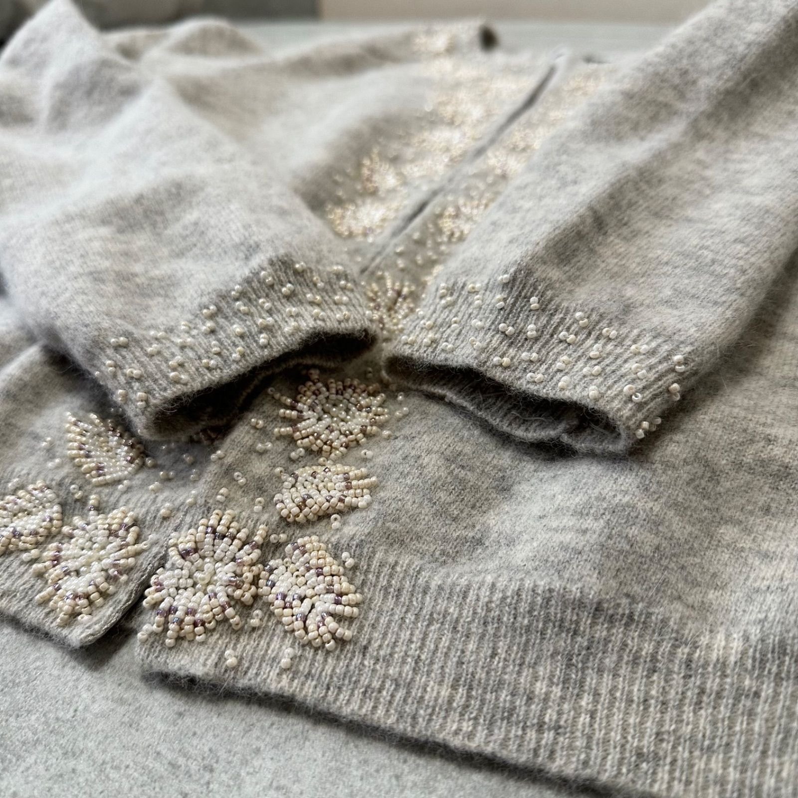  IENA イエナ アンゴラ混 ビーズ刺繍カーディガン ウール 裏地付き ニット セーター グレー F 定価3.6万 長袖 カーディガン ボレロ アンサンブル