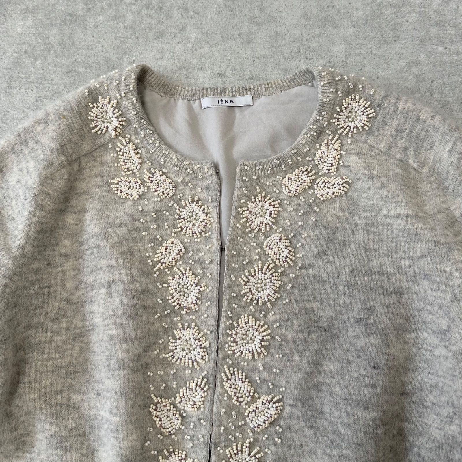 IENA イエナ アンゴラ混 ビーズ刺繍カーディガン ウール 裏地付き ニット セーター グレー F 定価3.6万
