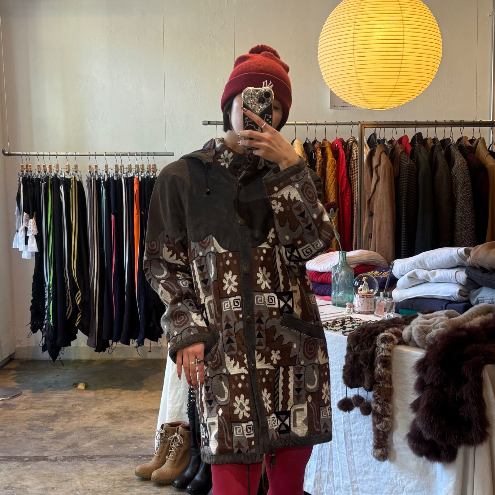 Leather × jacquard jacket 幾何学模様