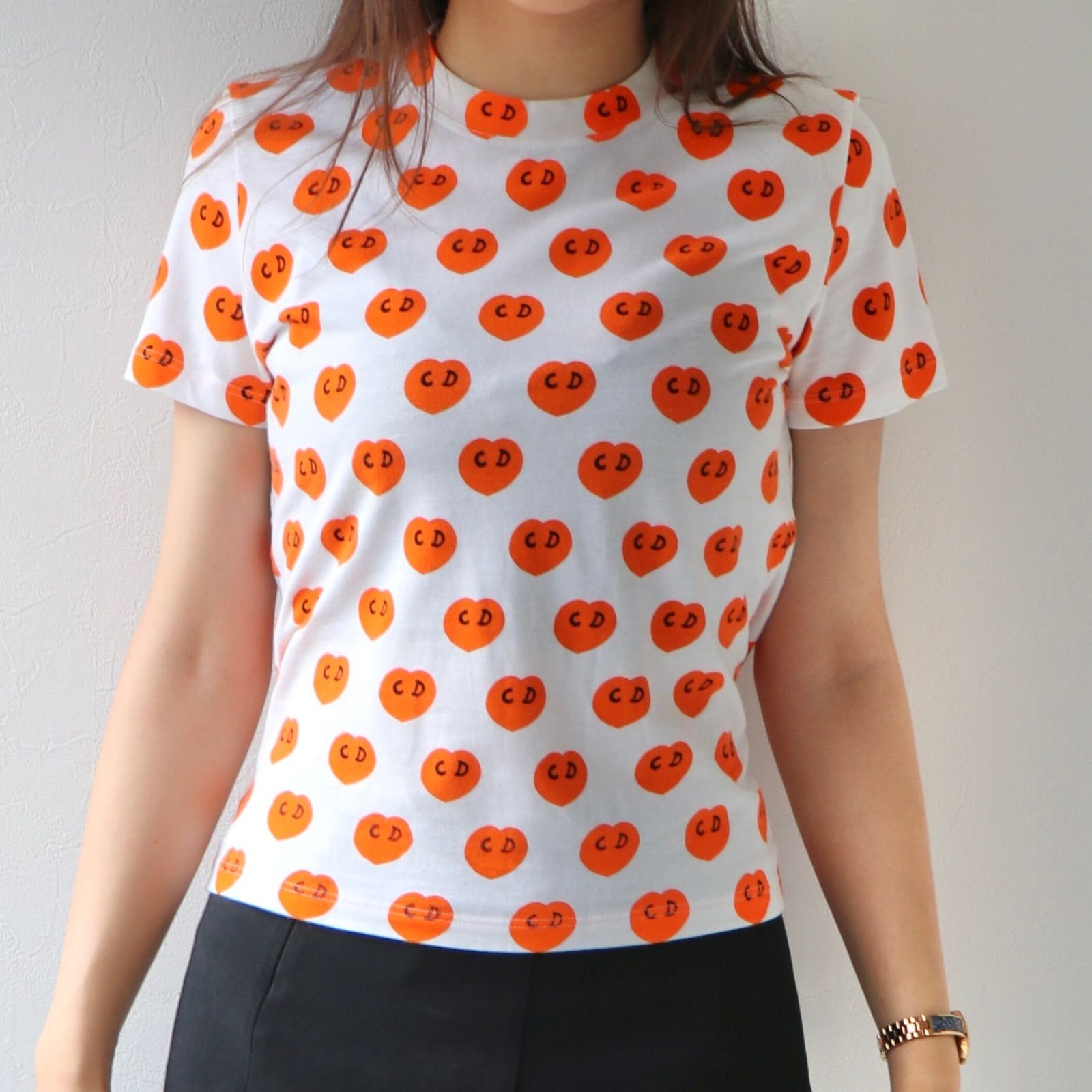 Christian Dior ロゴハートドットTシャツ ホワイトオレンジ コットン ディオール