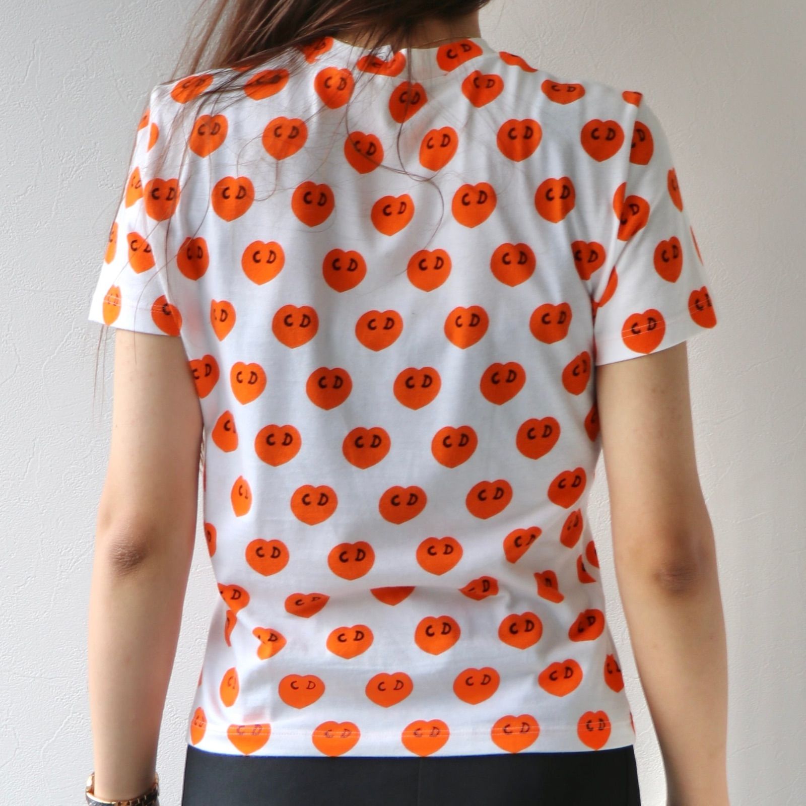 Christian Dior ロゴハートドットTシャツ ホワイトオレンジ コットン ディオール