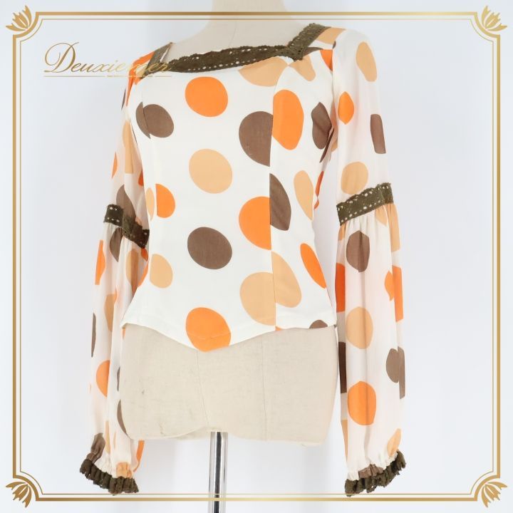 フラメンコ 衣装 ソニアジョーンズ SONIA JOHNES トップス ブラウス 白 オレンジ 長袖 水玉 ドット 茶色 長袖 ホワイト系 ブラウン系 オレンジ系 フェミニン おしゃれ 薄手 パーティ