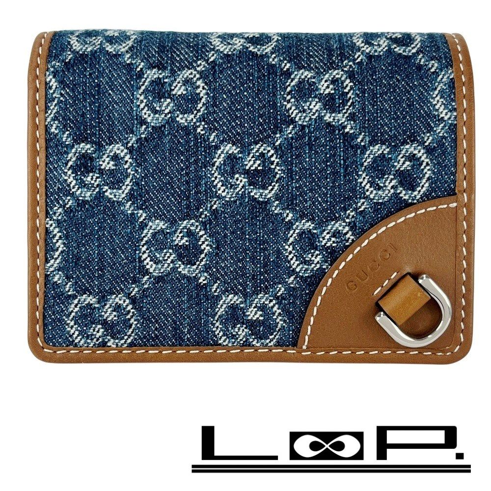 □新同□ グッチ GG スモールウォレット 二つ折り財布 デニム レザー