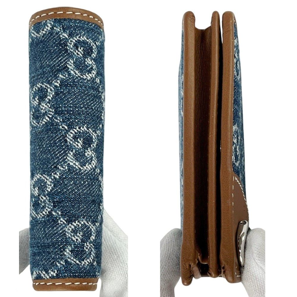 □新同□ グッチ GG スモールウォレット 二つ折り財布 デニム レザー