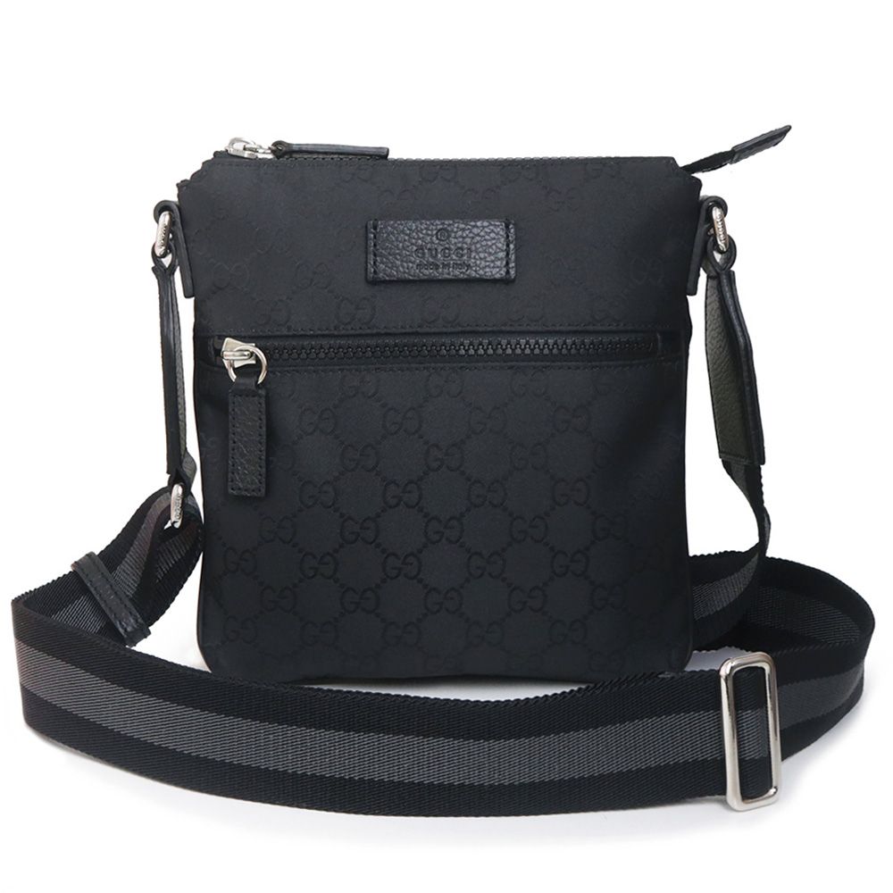 グッチ メッセンジャー ショルダーバッグ 斜め掛け GGナイロン レザー ブラック シルバー金具 449183 GUCCI