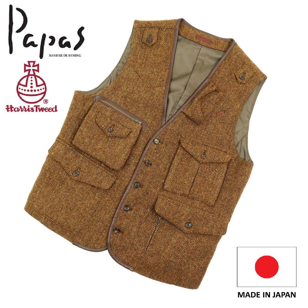 M444 Papas×HARRIS TWEED パパス ハリスツイード ベスト ジレ 一部レザー使用 サイズM