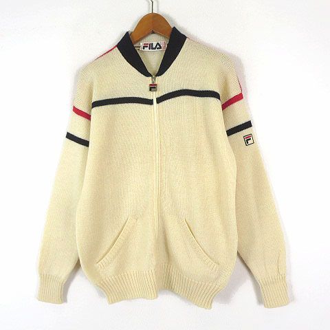 フィラ FILA ヴィンテージ 70s 80s イタリア製 カーディガン ニット ウール 配色 ロゴ 刺繍 ジップアップ 長袖 S アイボリー