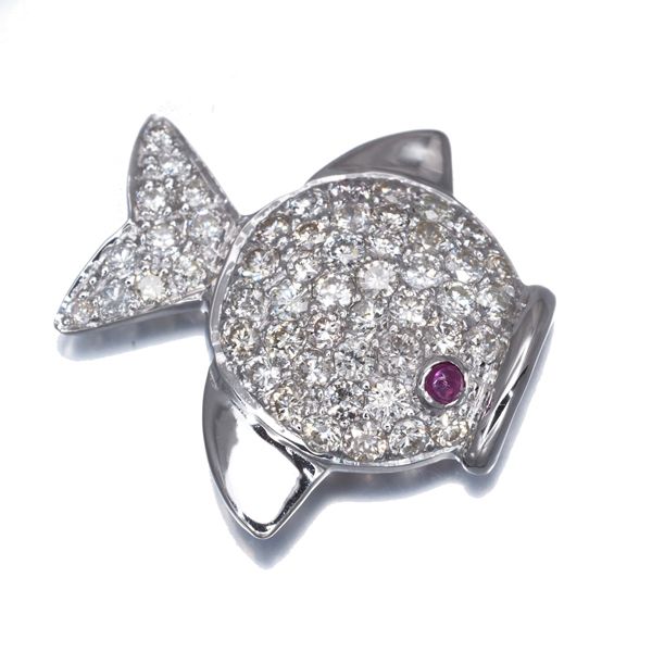 ダイヤ ダイヤモンド 1.00ct ルビー パヴェ 魚 サカナ アニマル ペンダントトップ K18WG 178890