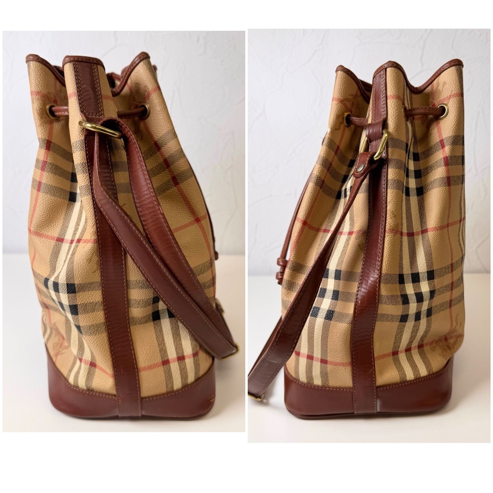 Cランク BURBERRY シャドーホース ショルダーバッグ bag 巾着 斜め掛け キャンバス レザー 95EL DECORATOM_COM_BR