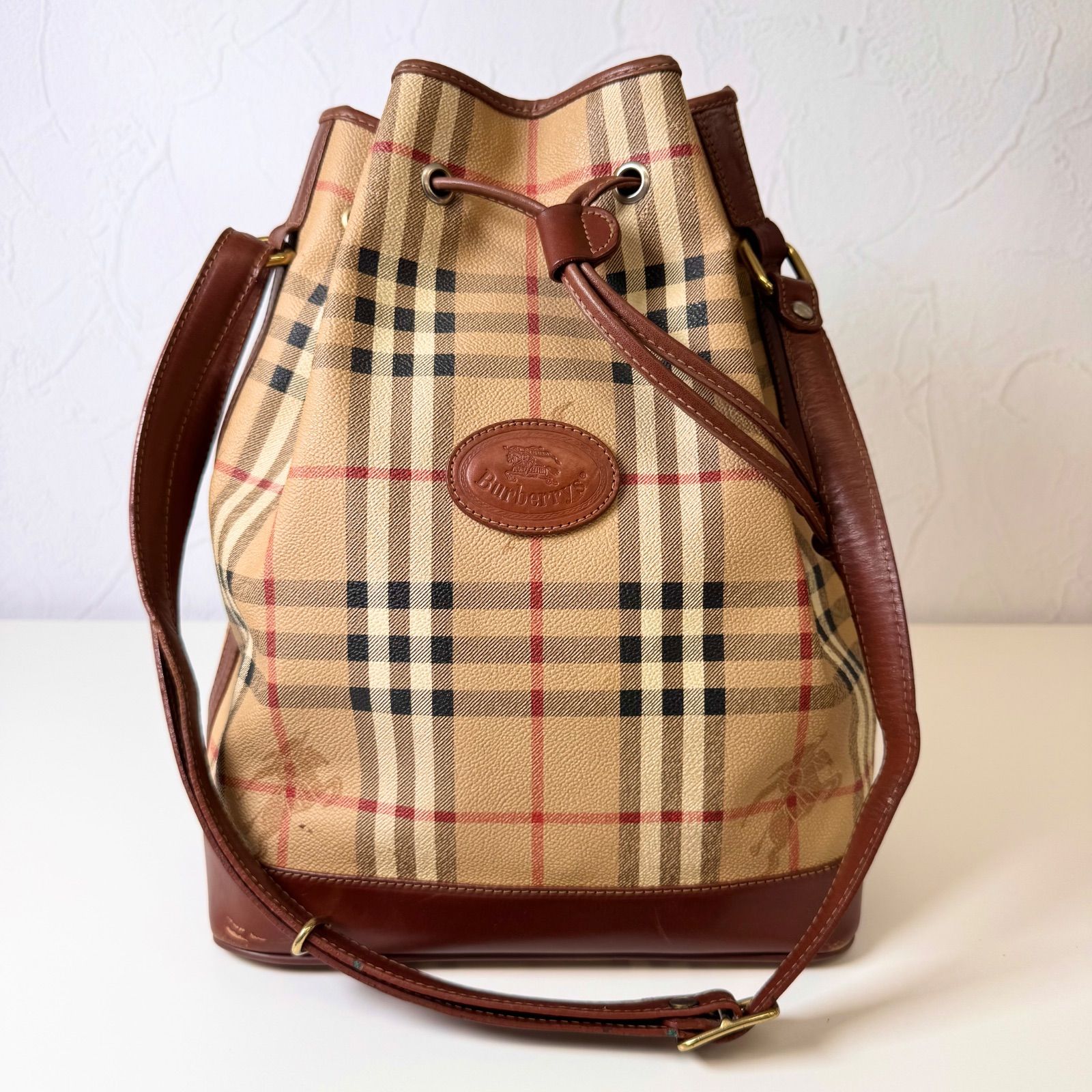 Cランク BURBERRY シャドーホース ショルダーバッグ bag 巾着 斜め掛け キャンバス レザー 95EL