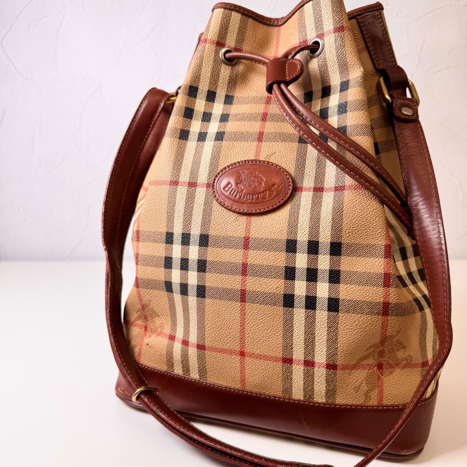 Cランク BURBERRY シャドーホース ショルダーバッグ bag 巾着 斜め掛け キャンバス レザー 95EL