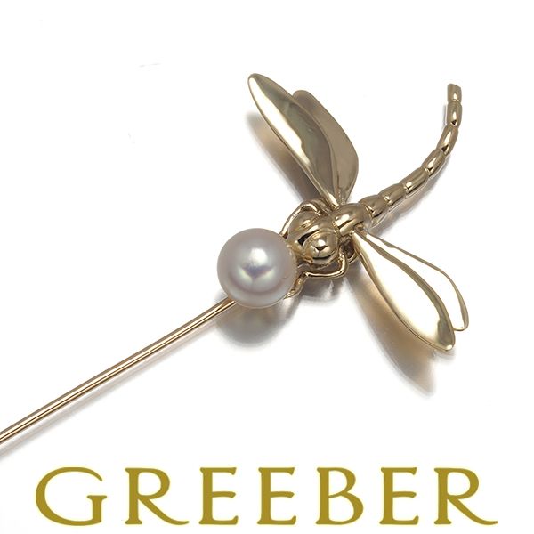 ミキモト ブローチ パール 真珠 6.7mm ラペルピントンボ アニマル K14YG 178405