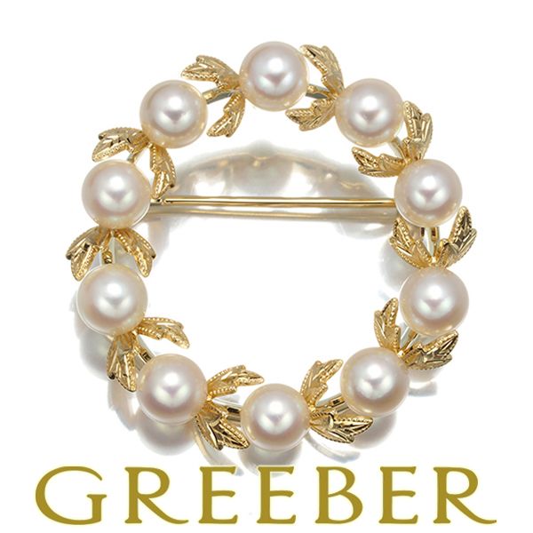 ミキモト ブローチ パール 真珠 5.8mm サークル リーフ リース K18YG 178345