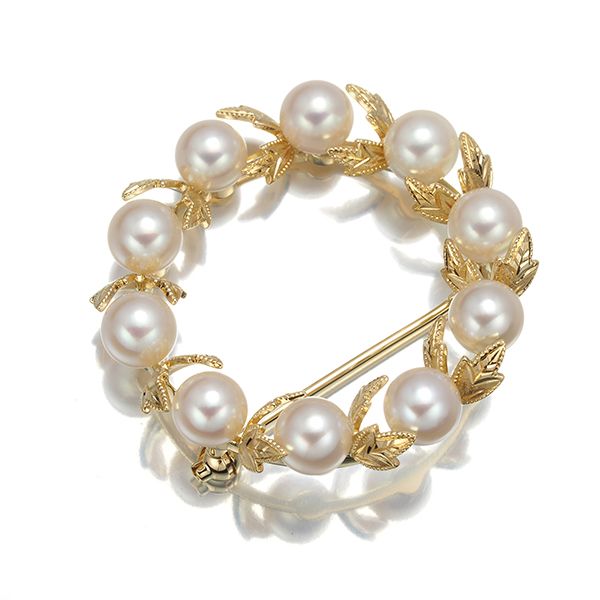 ミキモト ブローチ パール 真珠 5.8mm サークル リーフ リース K18YG 178345