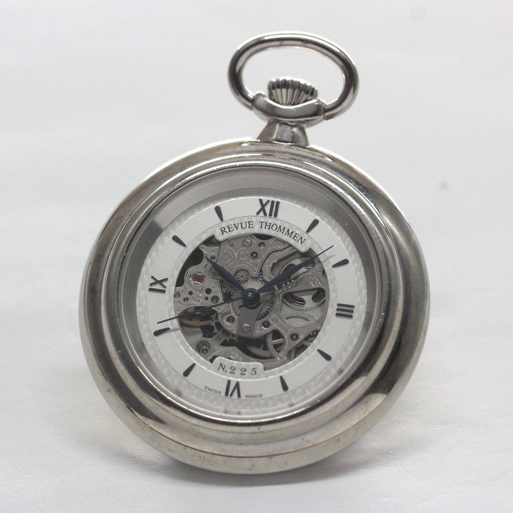 絶版モデル Revue Thommen レビュートーメン 手巻き式 スケルトン シルバー 懐中時計 revue-102