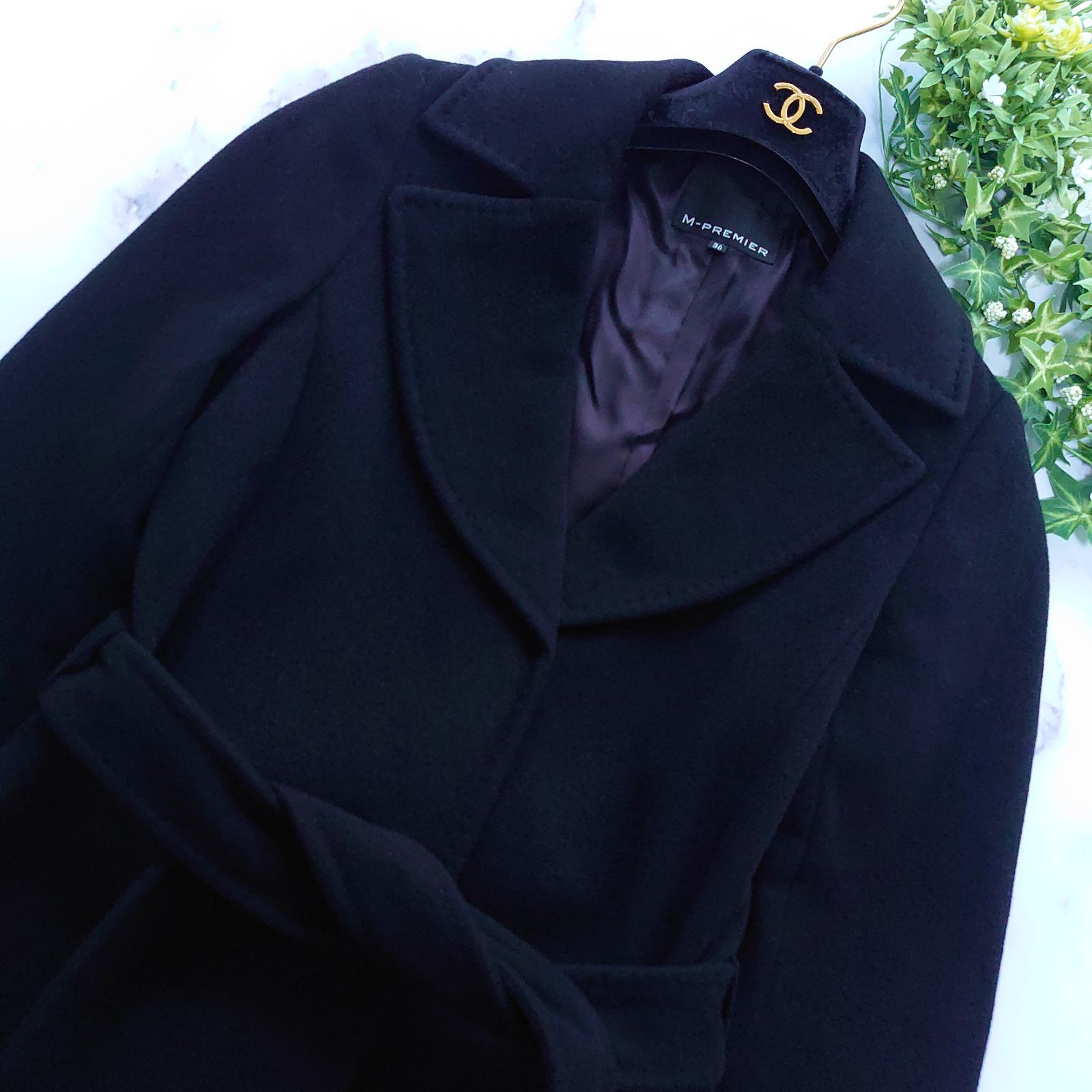 エムプルミエ カシミヤ100％ ロングコート 黒 ブラック ベルト 36 S