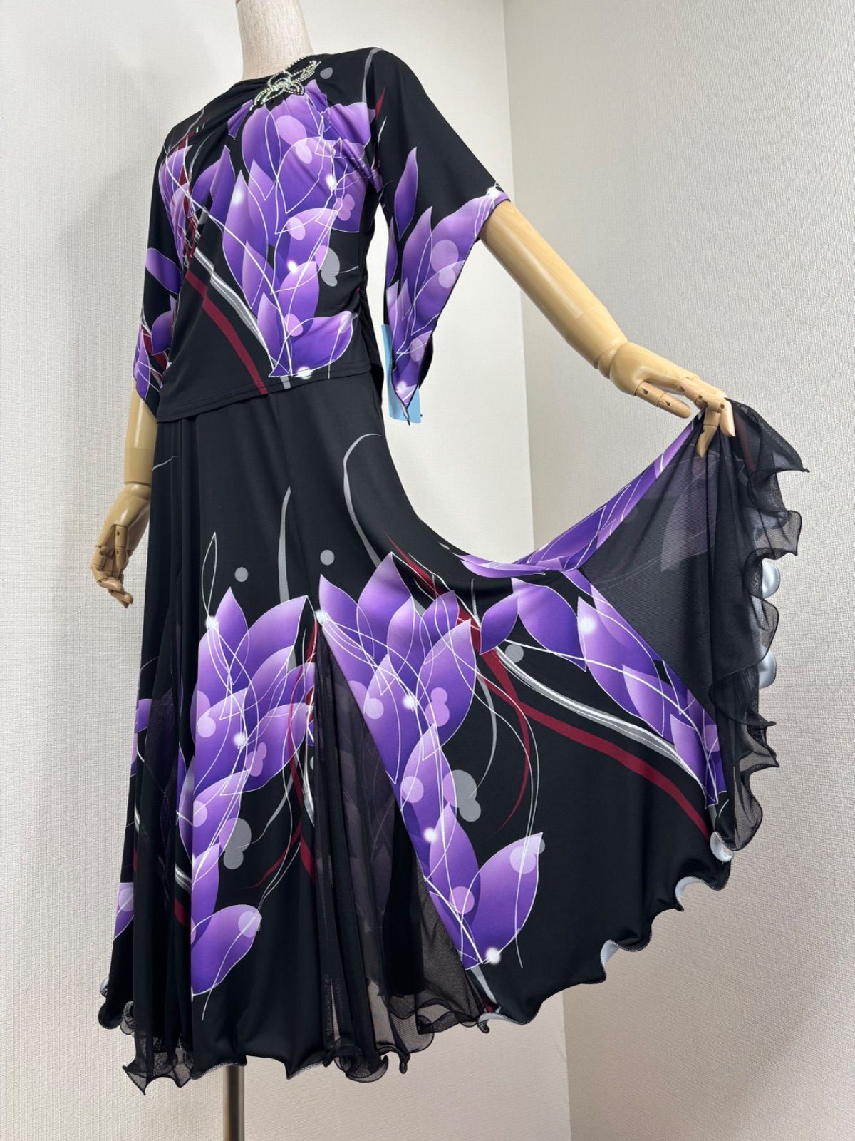 社交ダンス ブラック パープル系 着物意識デザイン セットアップドレス 衣装 Roger
