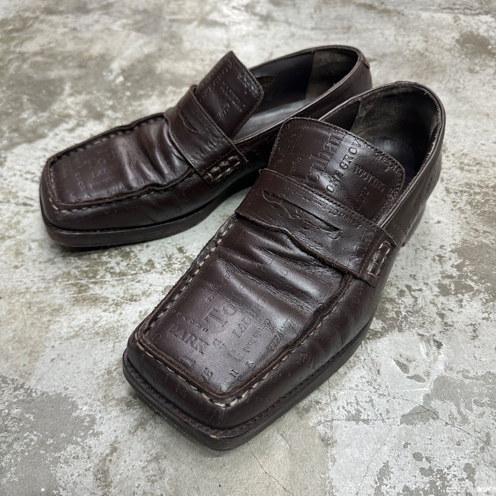 MARTINE ROSE 文字 レザー スクエアトゥ ローファー 短靴 マーティンローズ 43 ブラウン 1533M1