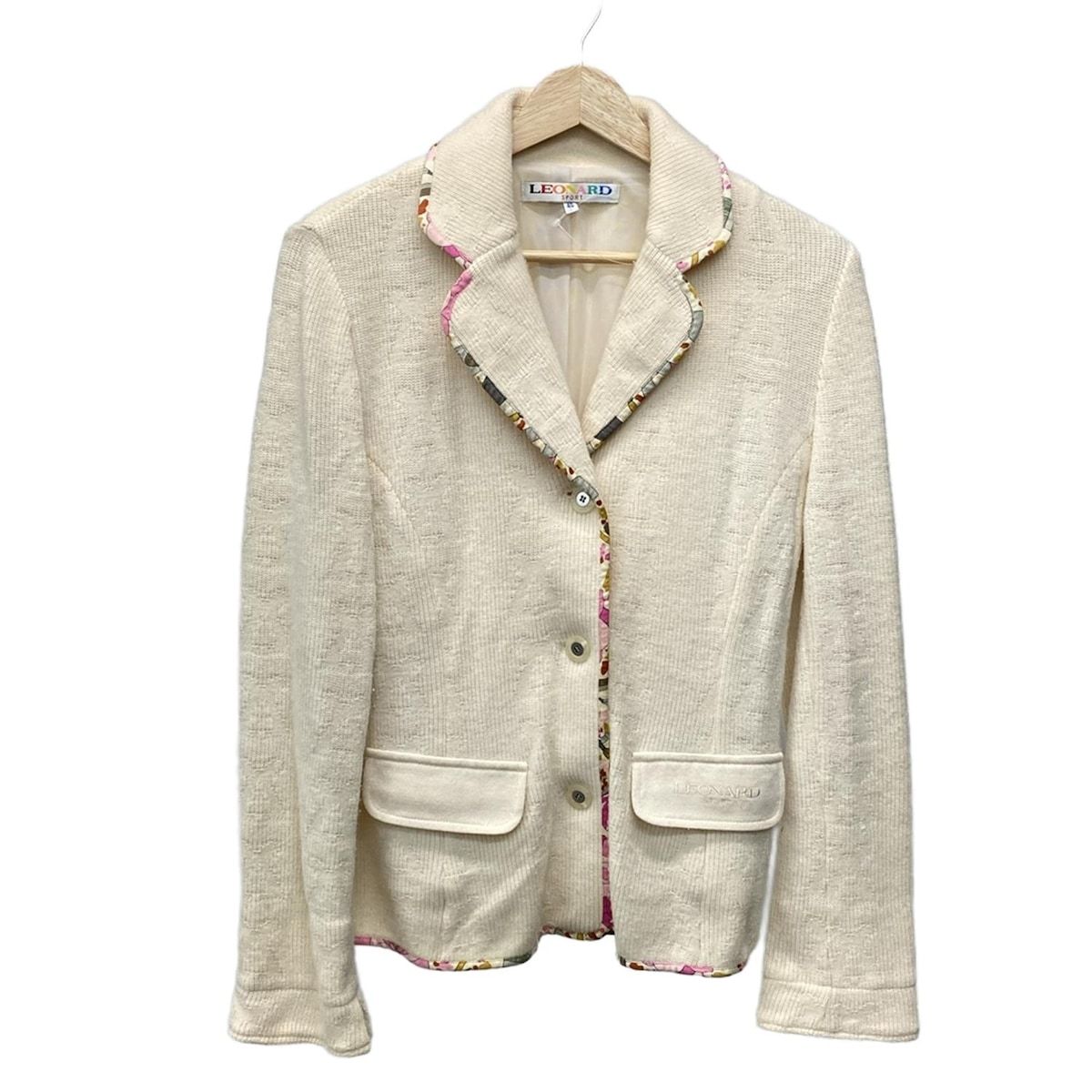 LEONARD SPORT レオナールスポーツ ジャケット サイズ40 M レディース - アイボリー×ピンク×マルチ 長袖 ニット 秋 冬