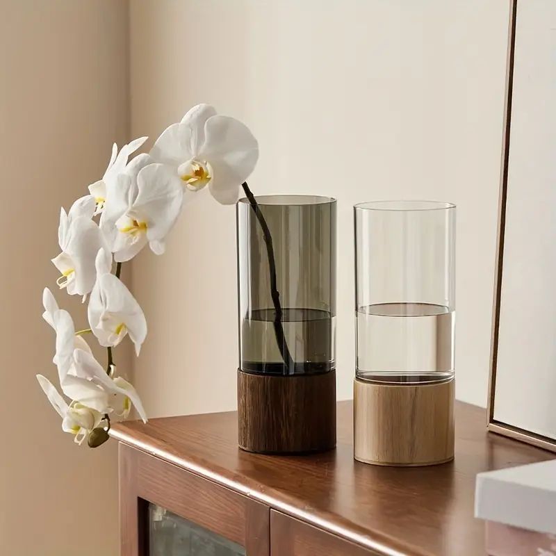 ヴィンテージモダンアクリル花瓶 – 木製台座付き透明デザイン シンプルで洗練されたインテリア装飾