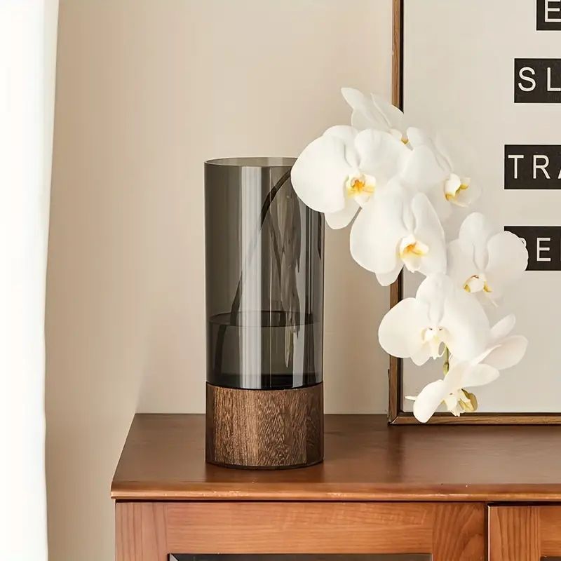 ヴィンテージモダンアクリル花瓶 – 木製台座付き透明デザイン シンプルで洗練されたインテリア装飾 NEXPOTALLINN_EU