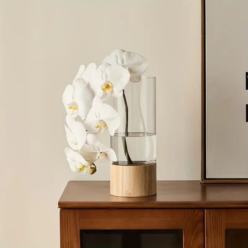 ヴィンテージモダンアクリル花瓶 – 木製台座付き透明デザイン シンプルで洗練されたインテリア装飾