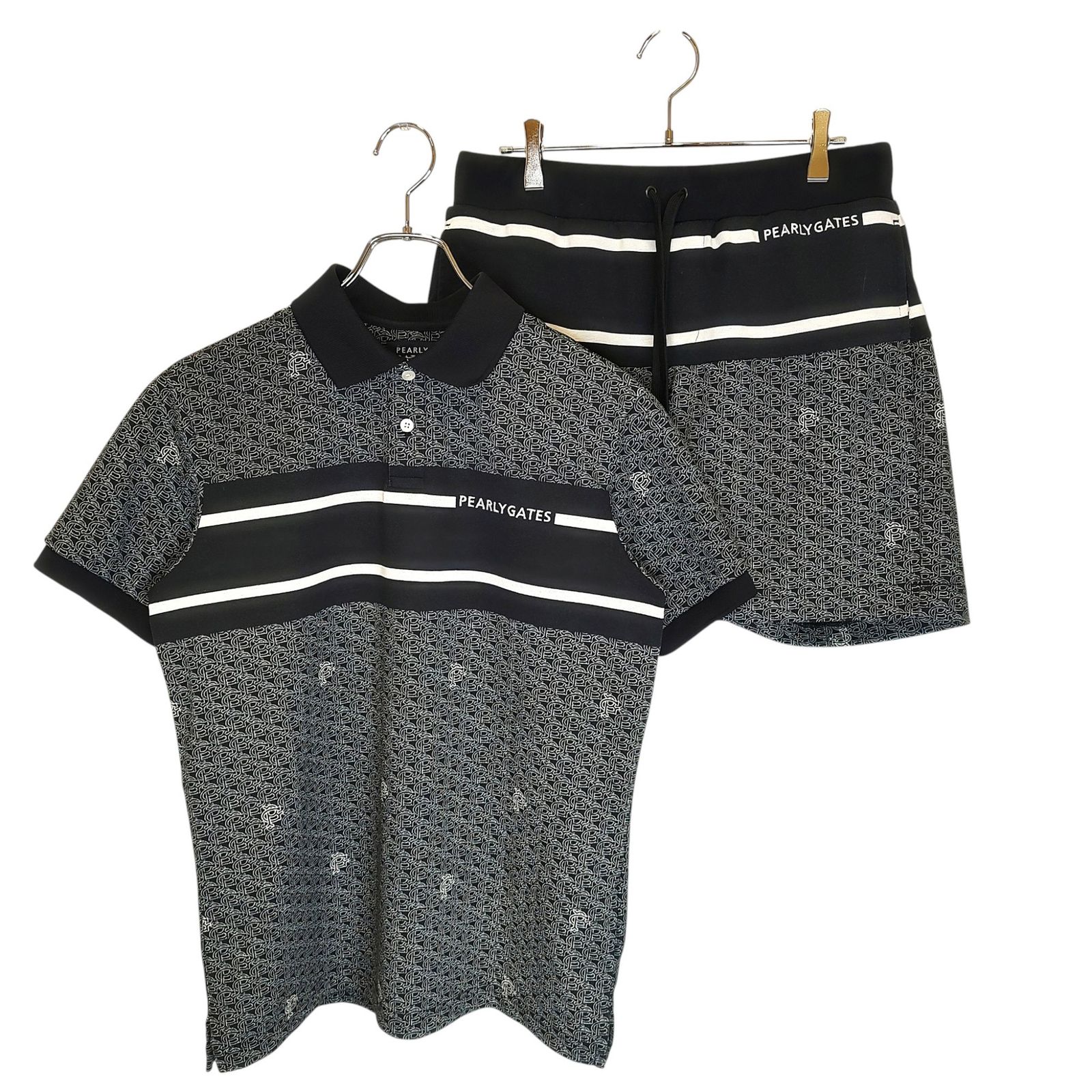 PEARLY GATES パーリーゲイツ ゴルフ 23SS ポロシャツ ショートパンツ ハーフパンツ セットアップ 053-3160415 053-3132415 ポロシャツ4 パンツ4 ブラック系 メンズ