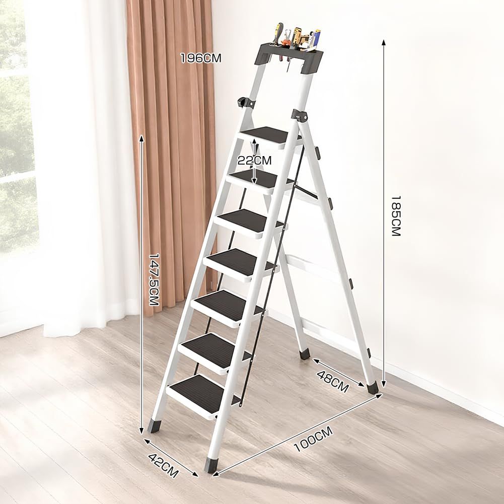 伸 脚立 踏み台 軽量伸縮自在 折りたたみ はしご 持ち運び便利 室内屋外両用 作業に便利な工具台付き 梯子 制 耐荷重150kg 省スペース 白 7段
